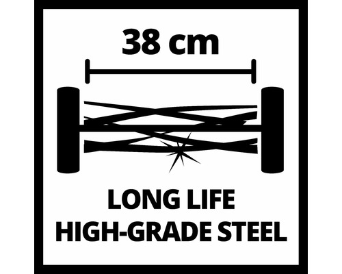 Symbol für Rasenmäher mit 38 cm Schnittbreite aus hochwertigem Stahl für lange Lebensdauer.