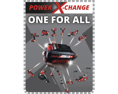 Ein Power X-Change Akku mit verschiedenen Werkzeugen und Gartengeräten.