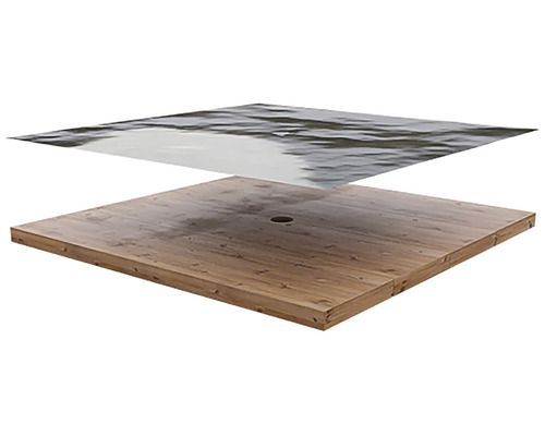 Quadratische Tischplatte aus Holz mit Bohrung für einen Sonnenschirm und einer grafischen Darstellung von Wasser