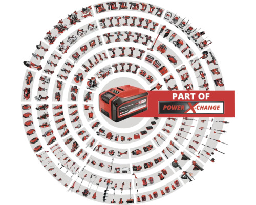 Ein Einhell Power X Change Akku umgeben von vielen Geräten, die mit dem Akku kompatibel sind