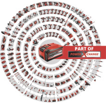 Einhell Power X-Change Akku umgeben von Werkzeugsymbolen