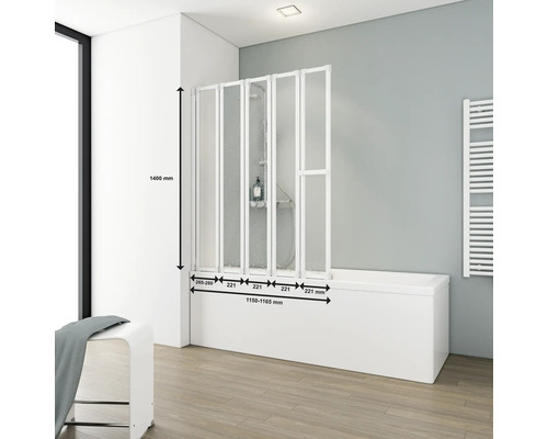 Badewannenaufsatz mit Abmessungen auf einer Badewanne dargestellt