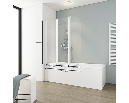 Badewanne mit dreiteiliger Duschwand mit Maßangaben