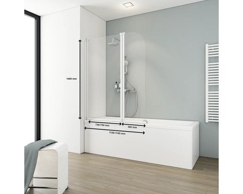 Badewanne mit Badewannenaufsatz und Maßangaben