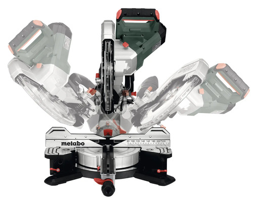 Metabo Logo auf einer Kapp- und Gehrungssäge mit verstellbarem Sägekopf