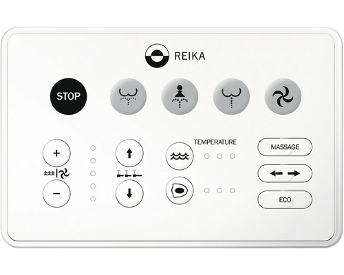 Reika Bedienfeld für Dusch-WCs mit verschiedenen Funktionen wie Stopp, Massage und Temperaturregelung.