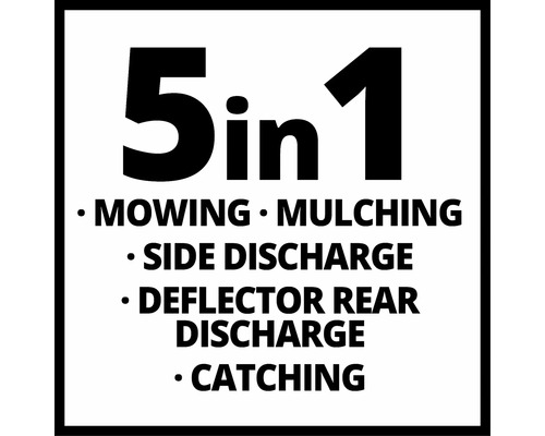 5-in-1-Funktion: Mähen, Mulchen, Seitenauswurf, Heckauswurf mit Deflektor, Fangen