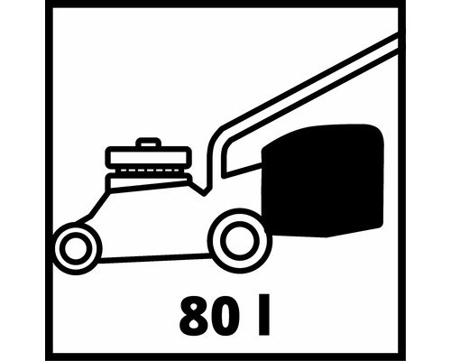 Symbol für einen Rasenmäher mit 80 Liter Fangkorbvolumen