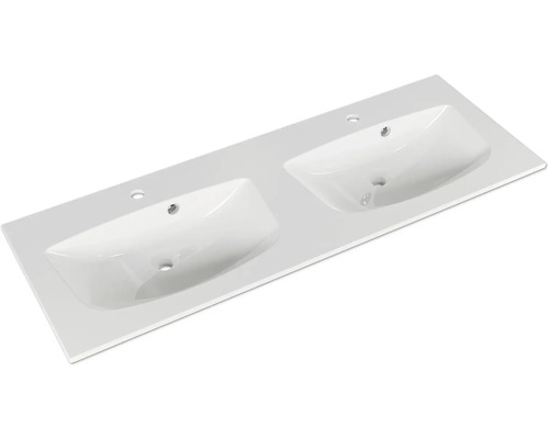 Doppelwaschtisch aus Keramik mit zwei Waschbecken und Hahnlöchern