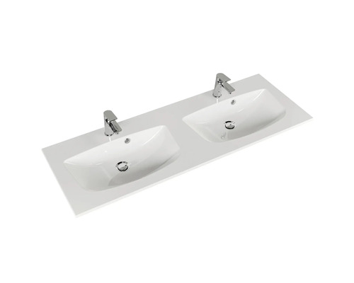 Doppelwaschtisch mit zwei Waschbecken und Armaturen