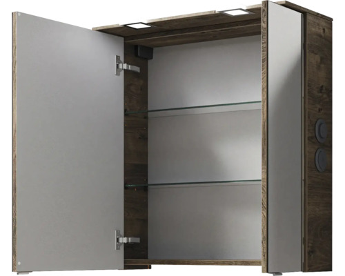 Offener Spiegelschrank aus Holz mit Glasablagen