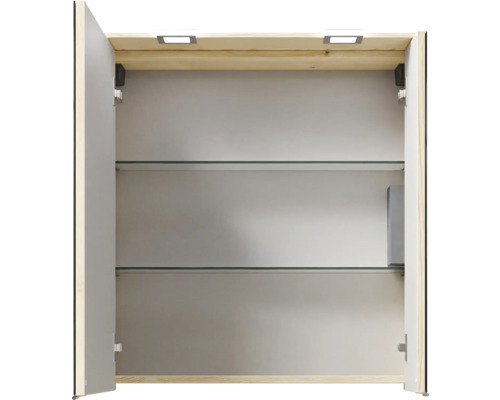 Geöffneter Spiegelschrank mit Glasböden und Beleuchtung