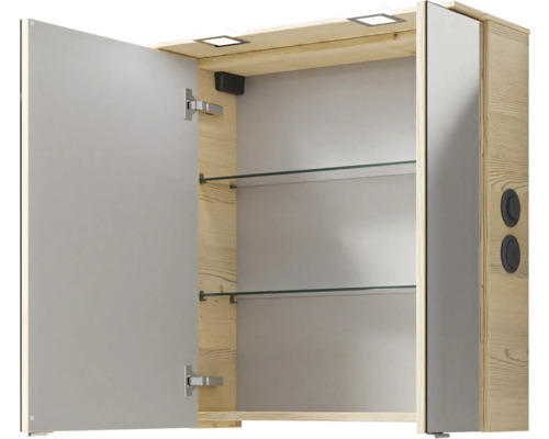 Offener Spiegelschrank mit Holzelementen und Glasablagen