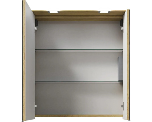 Offener Spiegelschrank mit Glasböden und Beleuchtung