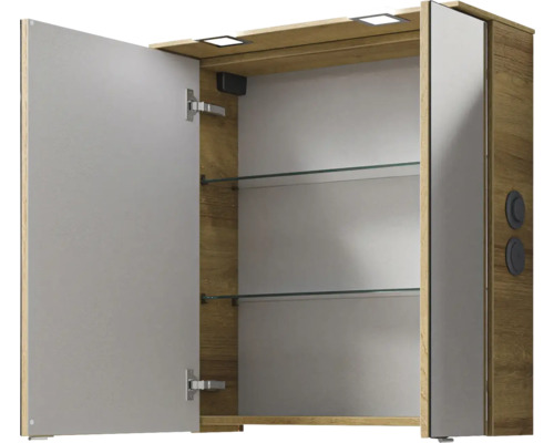 Geöffneter Spiegelschrank mit Innenbeleuchtung und Glasböden