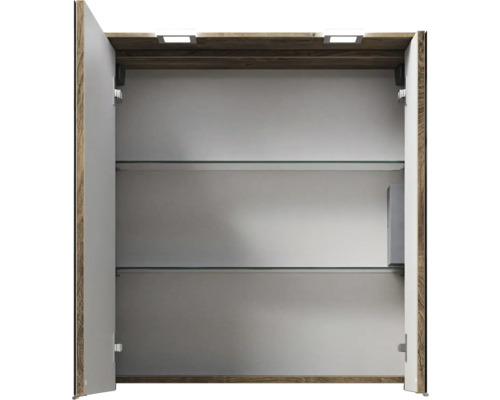 Offener Spiegelschrank mit Glasablagen und Beleuchtung