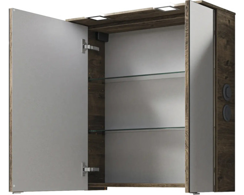 Offener Spiegelschrank mit Glasböden und Beleuchtung