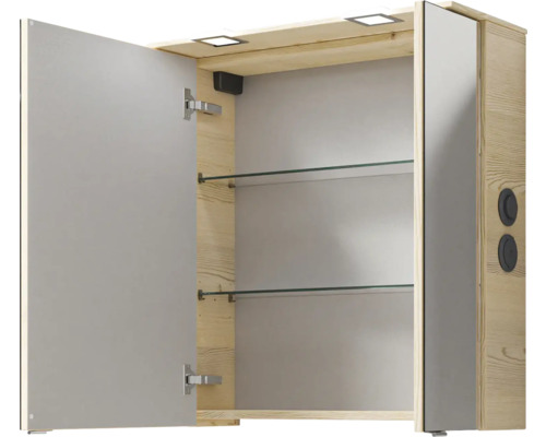 Offener Spiegelschrank aus Holz mit Glasablagen