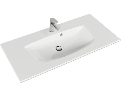 Waschtischplatte mit eingelassenem Waschbecken und Armatur