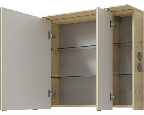 Offener Spiegelschrank mit Fachböden aus Glas