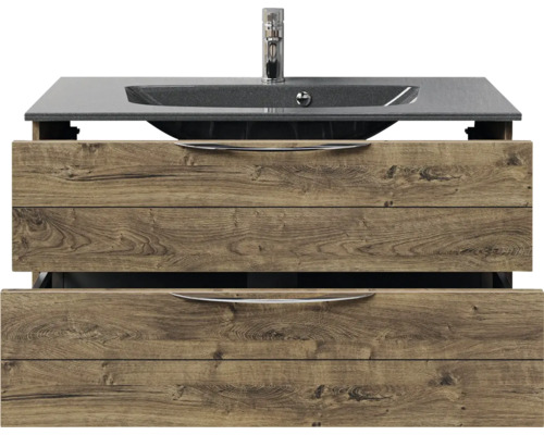 Waschtischunterschrank mit Waschbecken und zwei Schubladen im Holzdesign