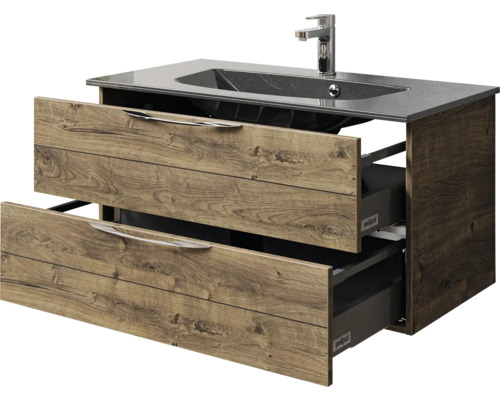 Waschtischunterschrank mit zwei offenen Schubladen, Armatur und Waschbecken