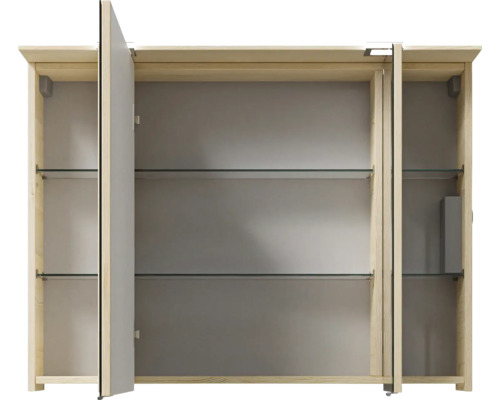 Offener Spiegelschrank aus Holz mit Glasablagen