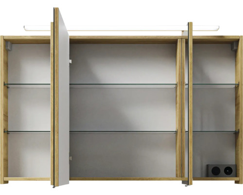 Spiegelschrank mit drei Türen, Holzrahmen und Glasablagen
