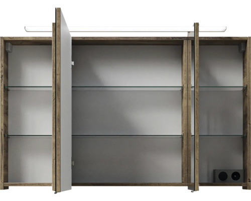 Offener Spiegelschrank mit Glasböden und Beleuchtung