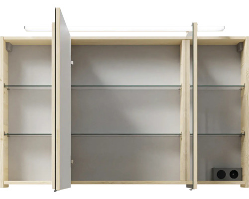 Offener Spiegelschrank mit Einlegeböden aus Glas und Licht