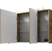 Geöffneter Spiegelschrank mit Glasböden und Beleuchtung
