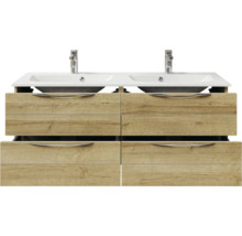 Badmöbel-Set Pelipal Sunline 300 BxHxT 132 x 200 x 48 cm Frontfarbe eiche riviera Badmöbelset 3-teilig mit Waschtisch Mineralmarmor
