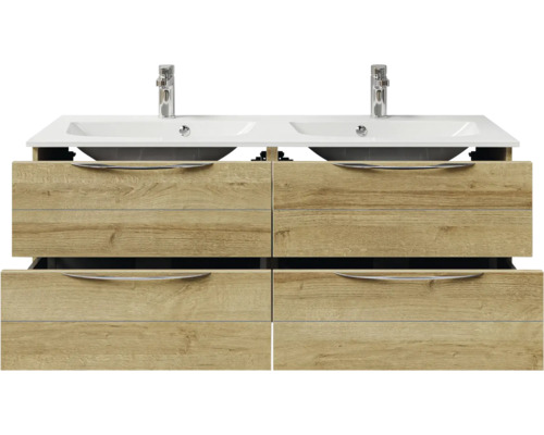 Waschtischunterschrank mit zwei Waschbecken, vier Schubladen und Holzdekor