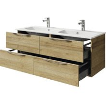 Badmöbel-Set Pelipal Sunline 300 BxHxT 132 x 200 x 48 cm Frontfarbe eiche riviera Badmöbelset 3-teilig mit Waschtisch Mineralmarmor