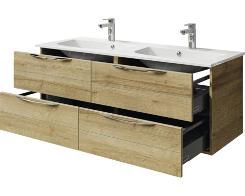 Waschtischunterschrank mit zwei Waschbecken, Holzdekor und Schubladen