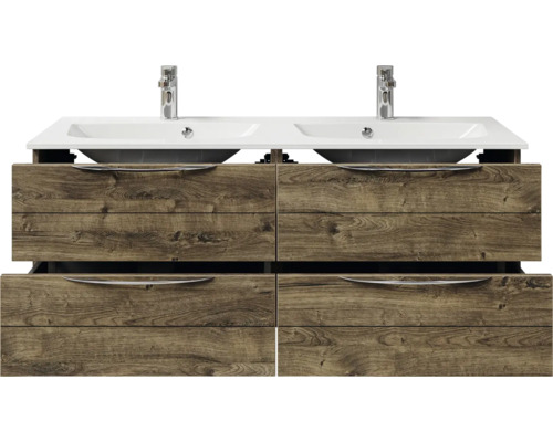 Waschtisch mit zwei Waschbecken und Unterschrank mit Holzstruktur