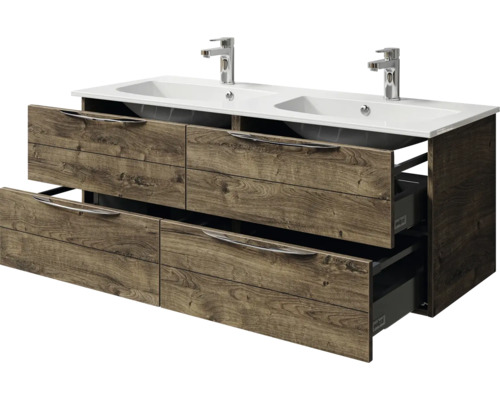 Waschtischunterschrank mit zwei Waschbecken und Holzoptik