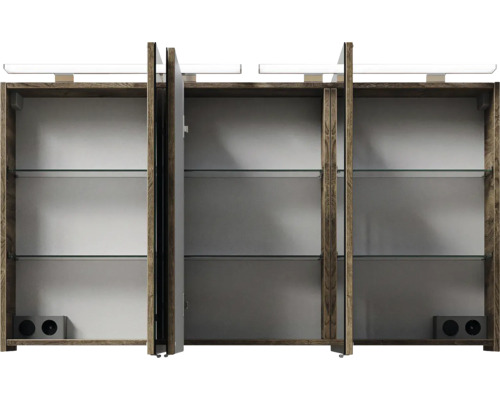 Offener Spiegelschrank mit Holzrahmen und Glasablagen