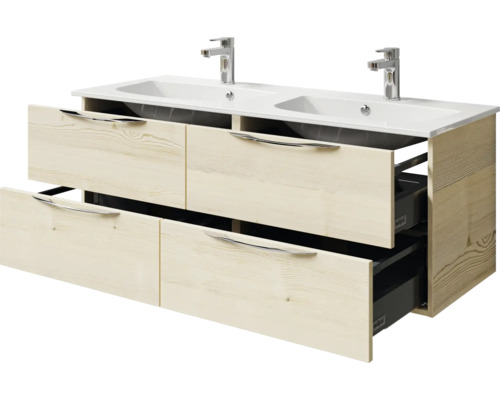 Waschtischunterschrank mit zwei Waschbecken, Holzoptik und Schubladen