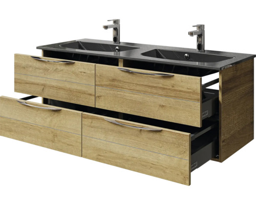 Waschtischunterschrank mit zwei Waschbecken und Holzoptik