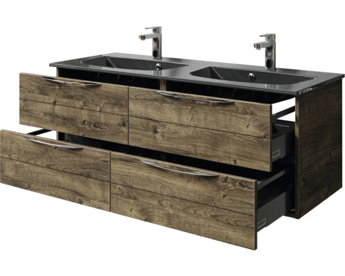 Waschtischunterschrank mit zwei Waschbecken, Armaturen und Holzfronten mit Schubladen