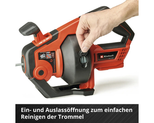 Einhell Logo. Rohrreinigungsspirale mit Reinigungsöffnung der Trommel.