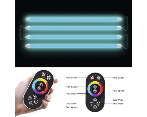 Vier LED Leuchtstoffröhren und eine Fernbedienung