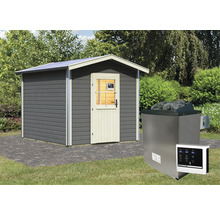 Saunahaus Karibu Nosse 1 inkl.9 kW Ofen u.ext.Steuerung mit bronzierter Ganzglastüre terragrau