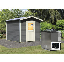 Saunahaus Karibu Nosse 1 inkl.9 kW Bio Ofen u.ext.Steuerung mit bronzierter Ganzglastüre terragrau