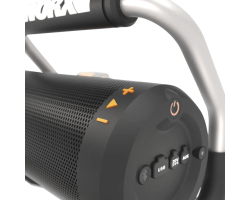 Worx Bluetooth Baustellenradio Nahansicht der Bedienelemente und Anschlüsse