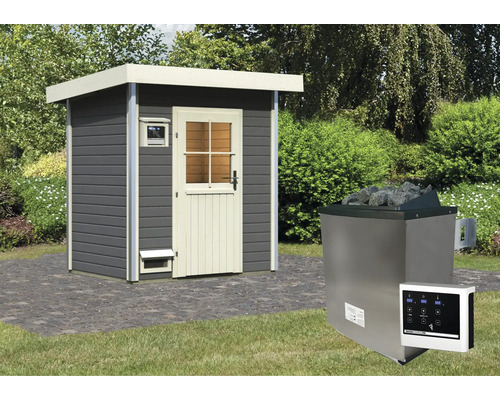 Saunahaus Karibu Opal 1 inkl.9 kW Ofen u.ext.Steuerung und Holztüre mit Isolierglas wärmegedämmt terragrau/weiß Saunahaus Karibu Opal 1 inkl.9 kW Ofen u.ext.Steuerung und Holztüre mit Isolierglas wärmegedämmt terragrau/weiß