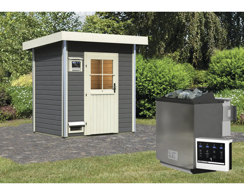 Saunahaus Karibu Opal 1 inkl.9 kW Bio Ofen u.ext.Steuerung und Holztüre mit Isolierglas wärmegedämmt terragrau/weiß Saunahaus Karibu Opal 1 inkl.9 kW Bio Ofen u.ext.Steuerung und Holztüre mit Isolierglas wärmegedämmt terragrau/weiß