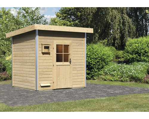 Saunahaus Karibu Opal 4 ohne Ofen mit Holztüre und Isolierglas wärmegedämmt Gartenhaus aus Holz mit Tür und Fenster im Garten
