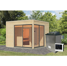 Saunahaus Karibu Termingo 3 A inkl. 9 kW Ofen u.ext. Steuerung mit Vorraum und Holztür mit Isolierglas wärmegedämmt